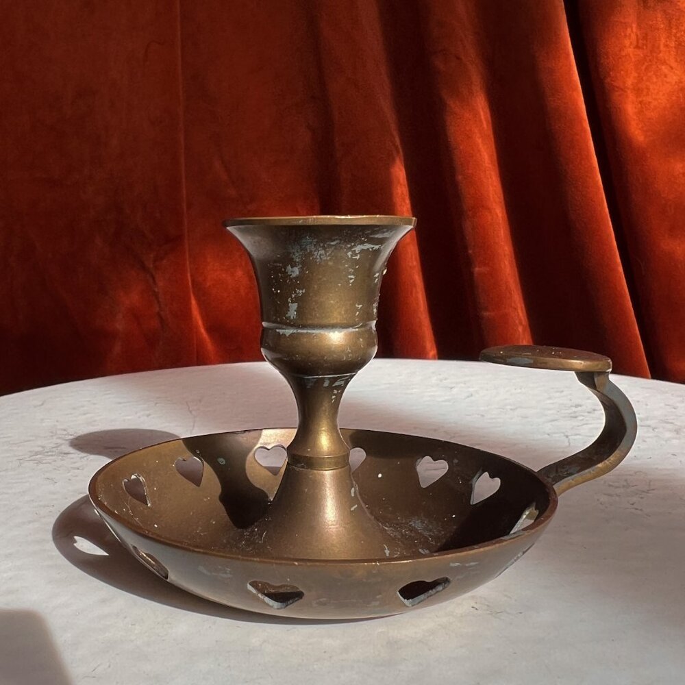 Vintage Small Single Candlestick Holder Bronze Hearts Saucer & Handle w/ Candle